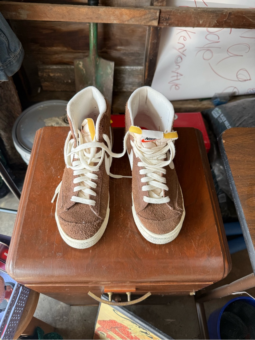 Nike  Brown Suede High-Top Sneakers with Cream Laces and Yellow Tongue Tab